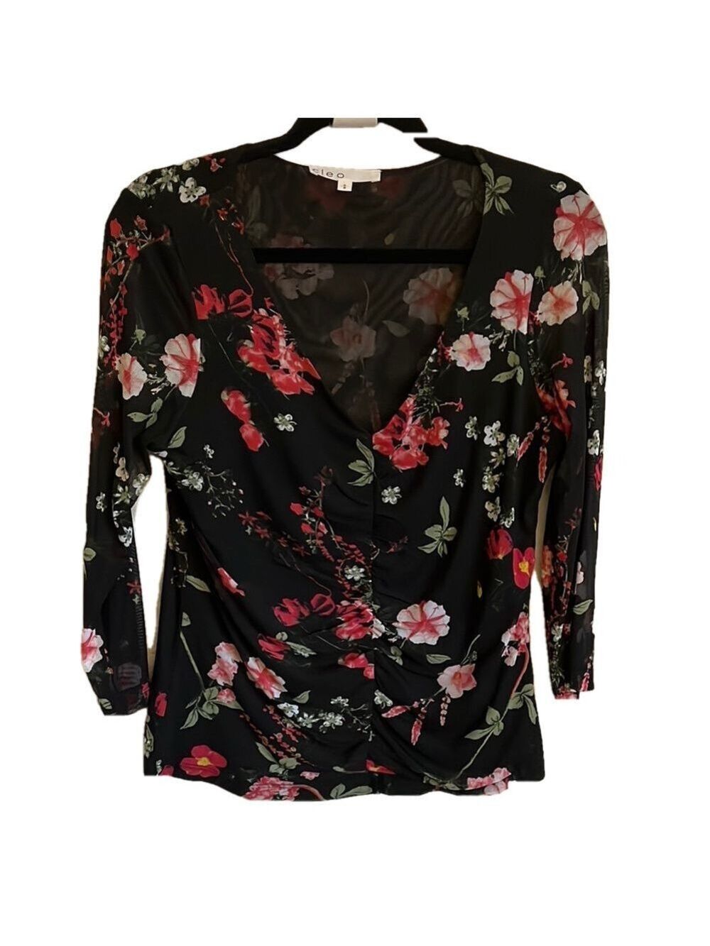 Cleo Black and Pink Wrap Blouse with 3/4 Sleeves
